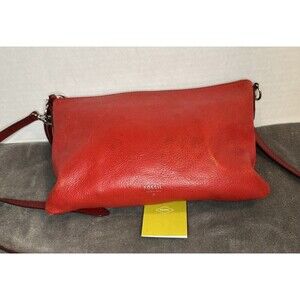 Fossil Red Leather Credit Card Slots Zipper Closure Crossbody Bag